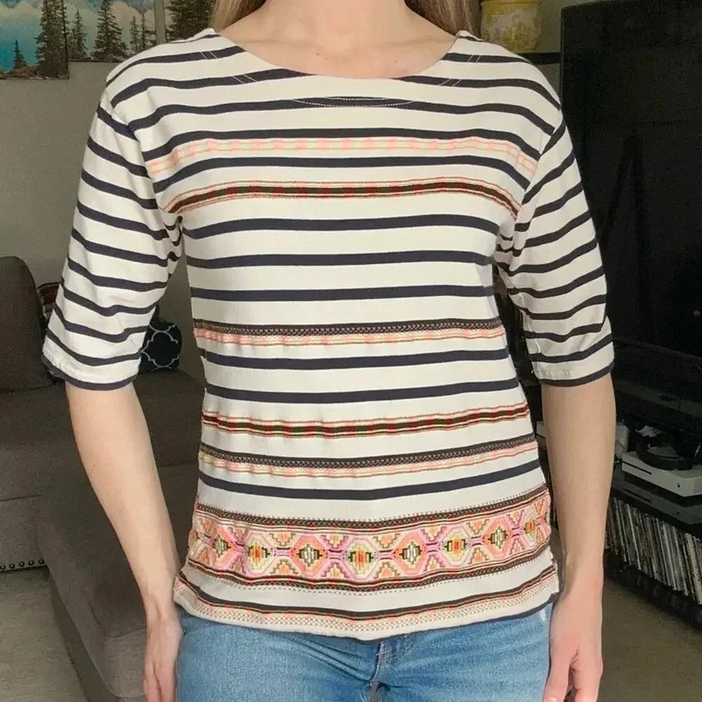 J. Crew Striped Embroidered 1/2 Sleeve Top Small - Picture 2 of 9